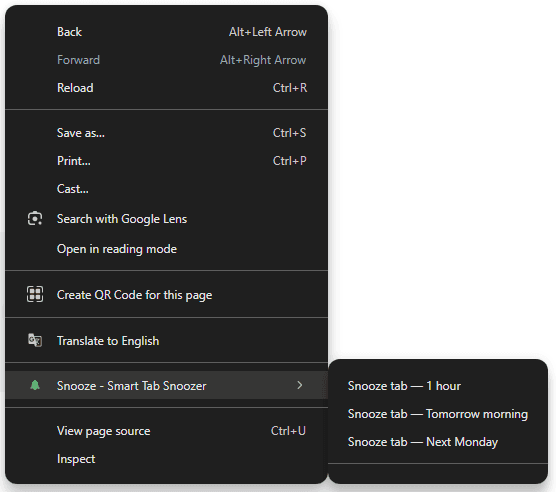 Snooze Tab popup highlighting keyboard shortcuts