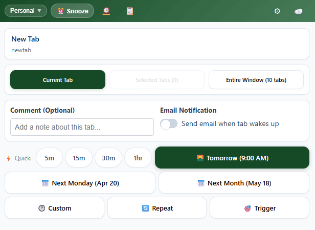 Snooze Tab extension popup interface